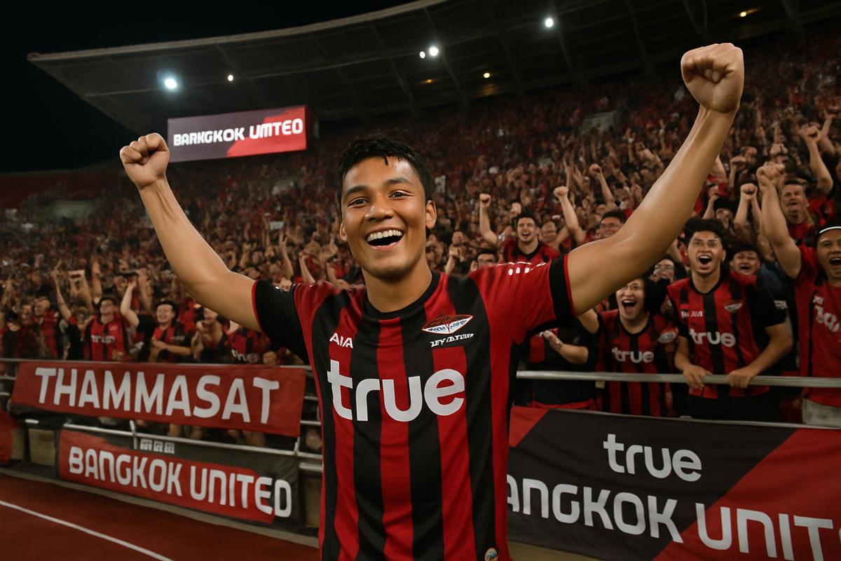 Cổ động viên Bangkok United ăn mừng chiến thắng tại sân Thammasat Thai League 1