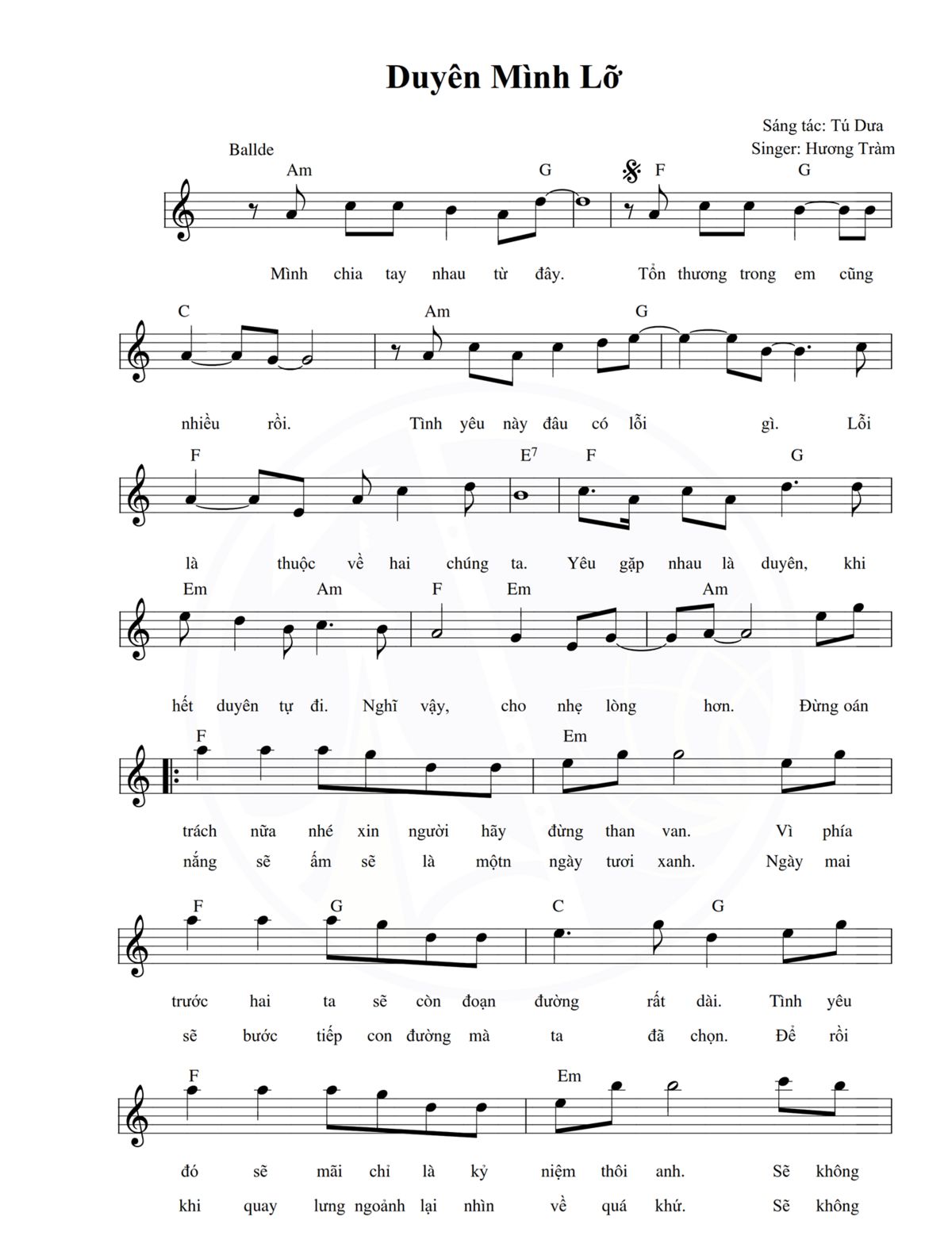 Hợp âm guitar bài Duyên Mình Lỡ đầy đủ theo từng đoạn