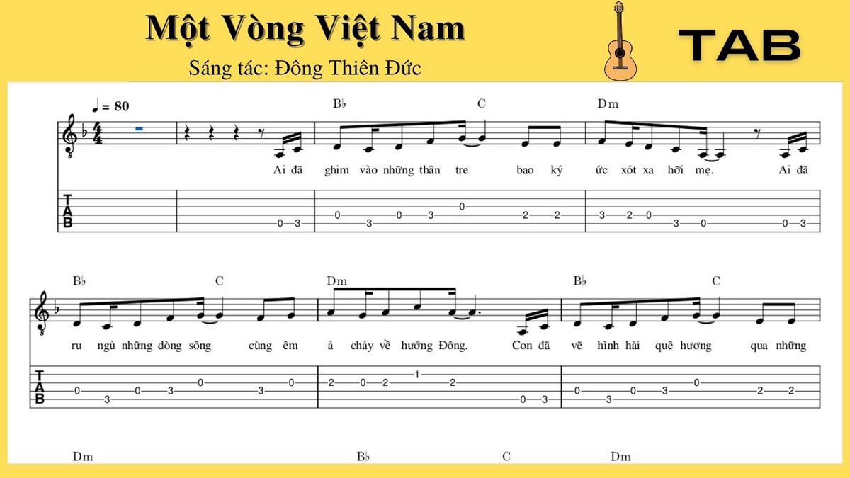 Hợp âm guitar bài hát Một Vòng Việt Nam – vòng Bb C Dm