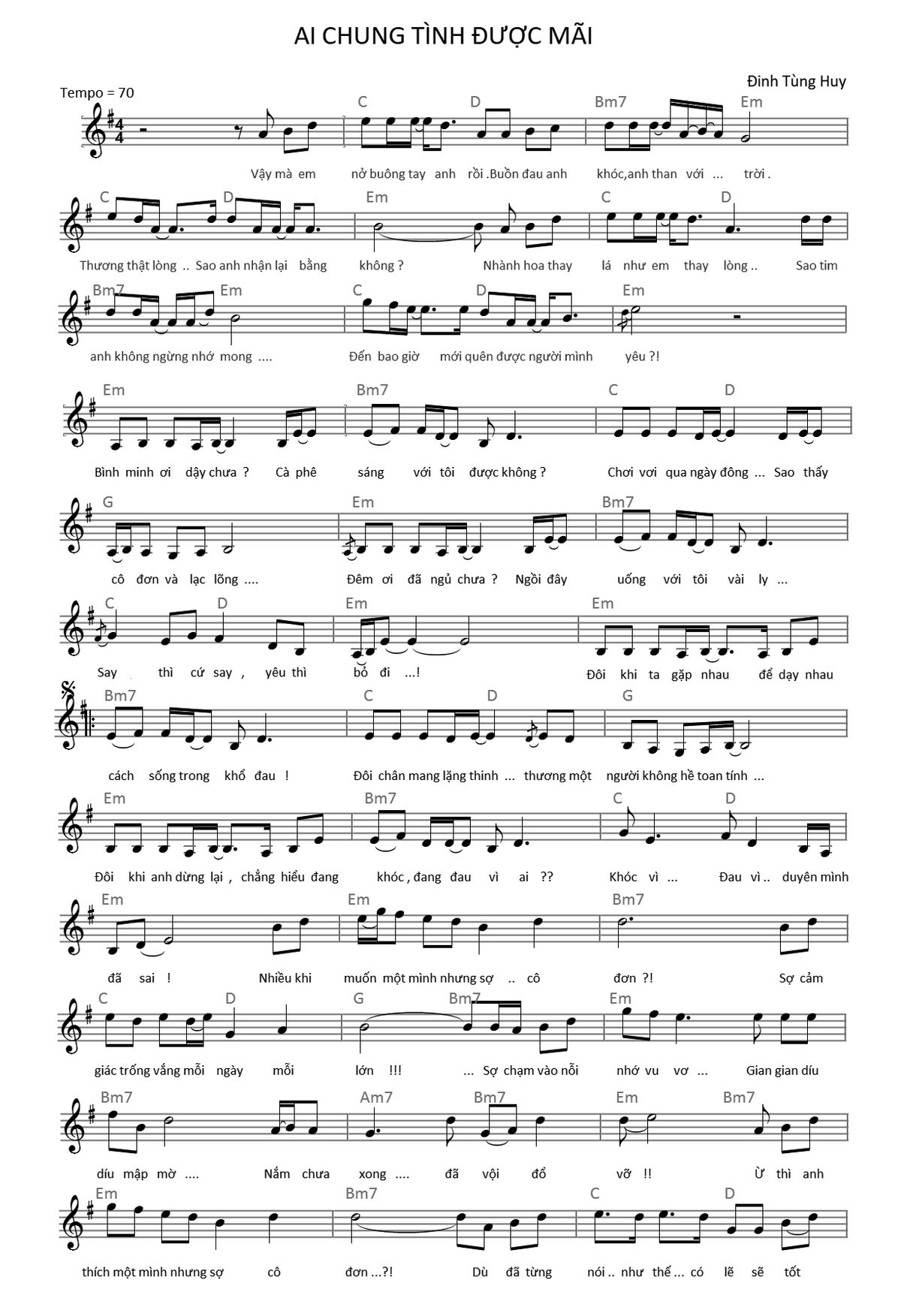 Hợp âm guitar bài Ai Chung Tình Được Mãi theo từng đoạn lời